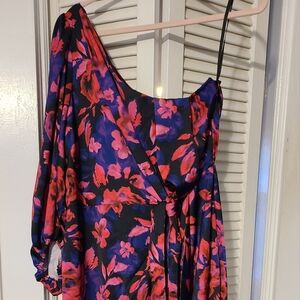 City Chic One-Shoulder Floral Dress in Black, Red, Purple